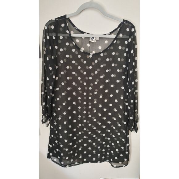 ROXY Blouse Top Semi Sheer Polka Dot Black White Medium - Picture 1 of 4
